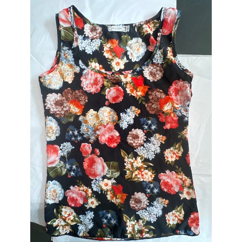 Liva Girl Women Black Floral Print Sleeveless Tank Top Scoop Neck Blouse Small